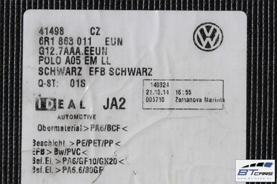 VW POLO SEAT IBIZA DYWANIKI PODŁOGI 6R1863011 wycieraczki 6R1 863 011 Kolor: EUN - czarny
