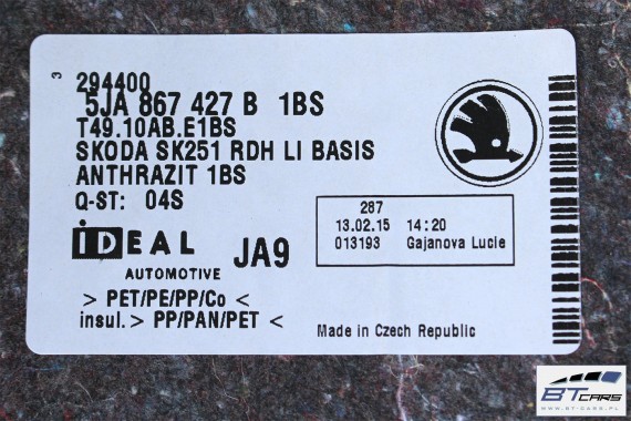 SEAT TOLEDO SKODA RAPID BOCZEK + DYWAN + PAS BAGAŻNIKA 5JA867427B 5JA867428B 5JA863463C 5JA863459B 5JA 867 427 B boczki bagażnik