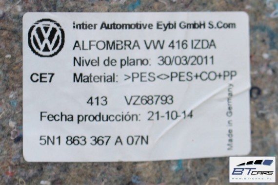 VW TIGUAN DYWAN WYKŁADZINA PODŁOGI 5N1863367A 5N1863367A Kolor 07N - czarny 5N1 863 367 A 5N1863367A 5N1863367 5N1863367A 5N