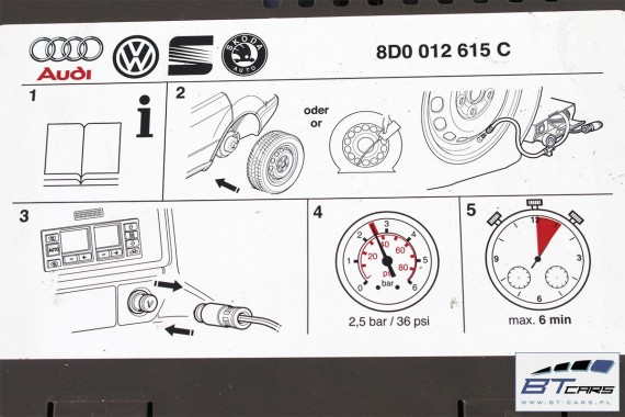 AUDI VW SEAT SKODA POMPKA DO KÓŁ OPON 8D0012615C kompresor sprężarka powietrza 8P0 012 615 C A 8P0012615A 8P0012615C 2.0-2.5 BAR