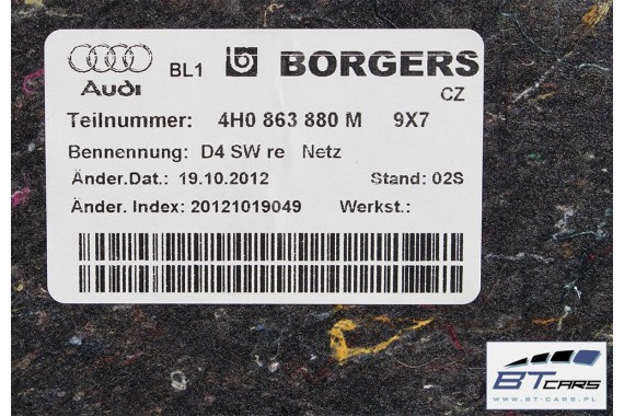 AUDI A8 LIFT BOCZEK DYWAN BAGAŻNIKA TAPICERKA 4H0863879 4H0863880 4H0863471 4H0863463 4H D4 boczki bagażnik tapicerka