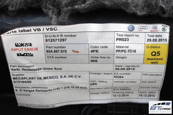 AUDI Q5 BOCZEK KLAPY BAGAŻNIKA 80A867973 Kolor: 4PK - czarny 80A867979A tapicerka wykończenie 80A 2017- FY 80A867973 80A867979A