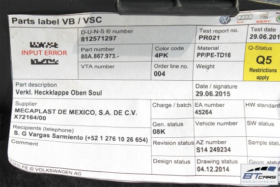 AUDI Q5 BOCZEK KLAPY BAGAŻNIKA 80A867973 Kolor: 4PK - czarny 80A867979A tapicerka wykończenie 80A 2017- FY 80A867973 80A867979A