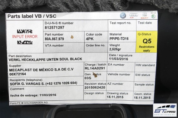 AUDI Q5 BOCZEK KLAPY BAGAŻNIKA 80A867973 Kolor: 4PK - czarny 80A867979A tapicerka wykończenie 80A 2017- FY 80A867973 80A867979A