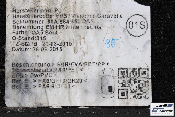 AUDI Q5 DYWANIKI PODŁOGI 80B863691 80A864450 Kolor: 'QA5' - czarny wycieraczki 80B 863 691 80A FY 80B863691 80B863691A 80B863691