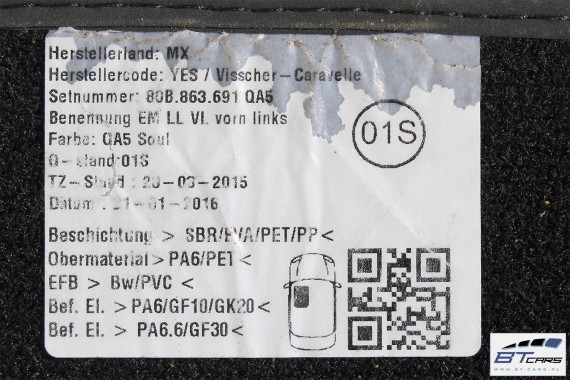 AUDI Q5 DYWANIKI PODŁOGI 80B863691 80A864450 Kolor: 'QA5' - czarny wycieraczki 80B 863 691 80A FY 80B863691 80B863691A 80B863691