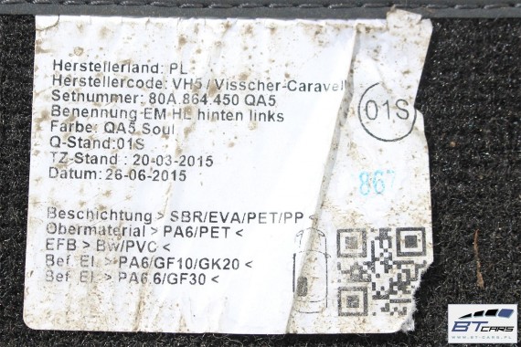 AUDI Q5 DYWANIKI PODŁOGI 80B863691 80A864450 Kolor: 'QA5' - czarny wycieraczki 80B 863 691 80A FY 80B863691 80B863691A 80B863691