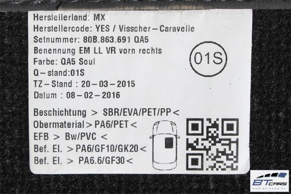 AUDI Q5 DYWANIKI PODŁOGI 80B863691 80A864450 Kolor: 'QA5' - czarny wycieraczki 80B 863 691 80A FY 80B863691 80B863691A 80B863691