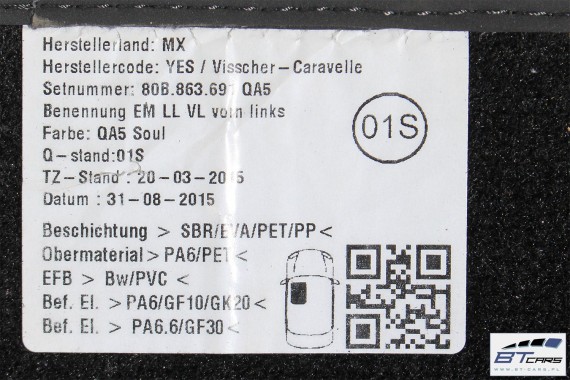 AUDI Q5 DYWANIKI PODŁOGI 80B863691 80A864450 Kolor: 'QA5' - czarny wycieraczki 80B 863 691 80A FY 80B863691 80B863691A 80B863691