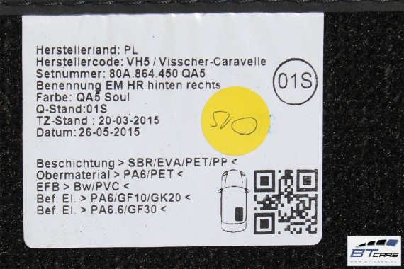 AUDI Q5 DYWANIKI PODŁOGI 80B863691 80A864450 Kolor: 'QA5' - czarny wycieraczki 80B 863 691 80A FY 80B863691 80B863691A 80B863691