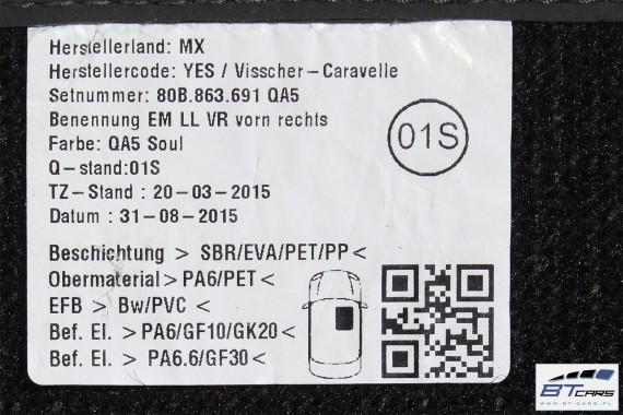 AUDI Q5 DYWANIKI PODŁOGI 80B863691 80A864450 Kolor: 'QA5' - czarny wycieraczki 80B 863 691 80A FY 80B863691 80B863691A 80B863691