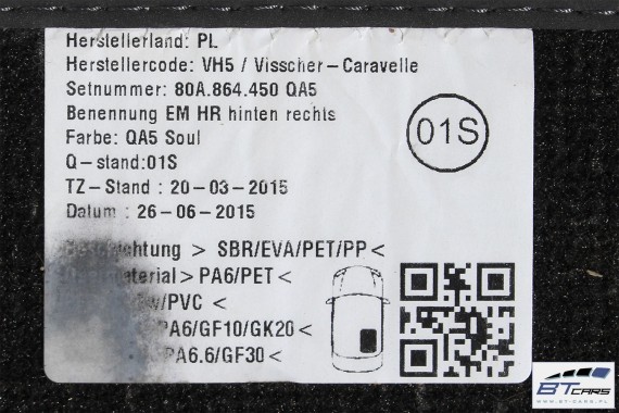AUDI Q5 DYWANIKI PODŁOGI 80B863691 80A864450 Kolor: 'QA5' - czarny wycieraczki 80B 863 691 80A FY 80B863691 80B863691A 80B863691