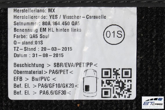 AUDI Q5 DYWANIKI PODŁOGI 80B863691 80A864450 Kolor: 'QA5' - czarny wycieraczki 80B 863 691 80A FY 80B863691 80B863691A 80B863691