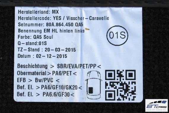 AUDI Q5 DYWANIKI PODŁOGI 80B863691 80A864450 Kolor: 'QA5' - czarny wycieraczki 80B 863 691 80A FY 80B863691 80B863691A 80B863691
