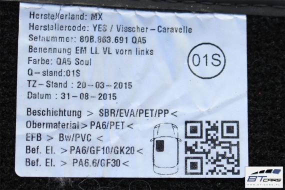 AUDI Q5 DYWANIKI PODŁOGI 80B863691 80A864450 Kolor: 'QA5' - czarny wycieraczki 80B 863 691 80A FY 80B863691 80B863691A 80B863691