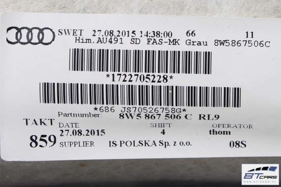 AUDI A4 SEDAN PODSUFITKA szara 8W5867506C 8W5 867 506 C 8W5867506G 8W5 867 506 G RL9 szary tytanowy 8W B9 8W5867506L 8W5867506C