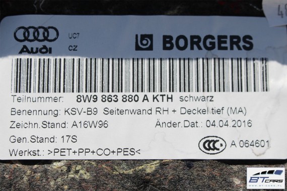AUDI A4 KOMBI BOCZEK DYWAN PAS BAGAŻNIKA 8W9863879A 8W9863880A 8W9863531 8W9864483 boczki bagażnik tapicerka 8W Avant Allroad B9