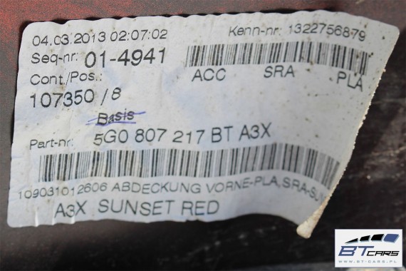 VW GOLF 7 VII PRZÓD LA3X maska błotniki zderzak pas przedni lampy błotnik lampa LA3X - czerwony (sunset red) 5G KOMPLETNY