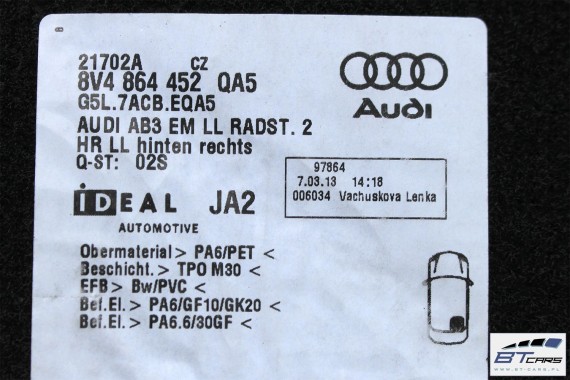AUDI A3 SPORTBACK DYWANIKI WYCIERACZKI PODŁOGI 8V1863691 8V1864435 8V1864436 8V4864451 8V4864452 8V1863691C 8V1863435 8V1863436