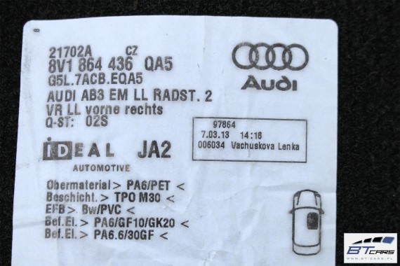 AUDI A3 SPORTBACK DYWANIKI WYCIERACZKI PODŁOGI 8V1863691 8V1864435 8V1864436 8V4864451 8V4864452 8V1863691C 8V1863435 8V1863436