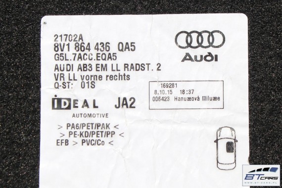 AUDI A3 SPORTBACK DYWANIKI WYCIERACZKI PODŁOGI 8V1863691 8V1864435 8V1864436 8V4864451 8V4864452 8V1863691C 8V1863435 8V1863436