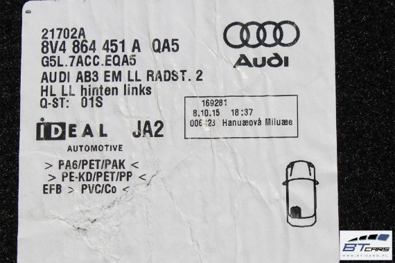 AUDI A3 SPORTBACK DYWANIKI WYCIERACZKI PODŁOGI 8V1863691 8V1864435 8V1864436 8V4864451 8V4864452 8V1863691C 8V1863435 8V1863436