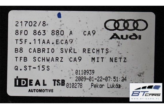 AUDI A5 CABRIO DYWAN + PAS +BOCZEK BAGAŻNIKA 8F0864373B 8F0864401A 8F0863463B 8T0863471 8F0863880A 8F boczki bagażnik tapicerka