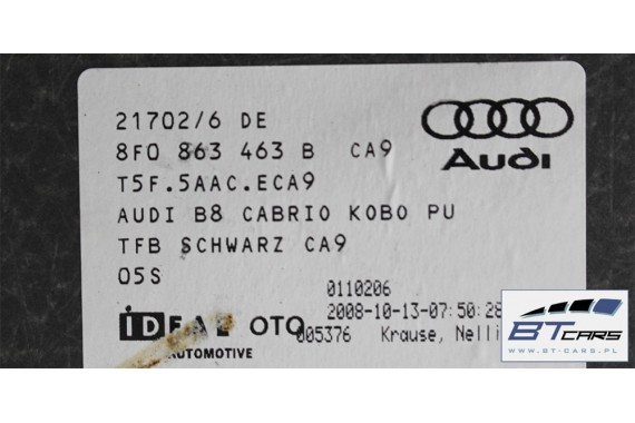 AUDI A5 CABRIO DYWAN + PAS +BOCZEK BAGAŻNIKA 8F0864373B 8F0864401A 8F0863463B 8T0863471 8F0863880A 8F boczki bagażnik tapicerka