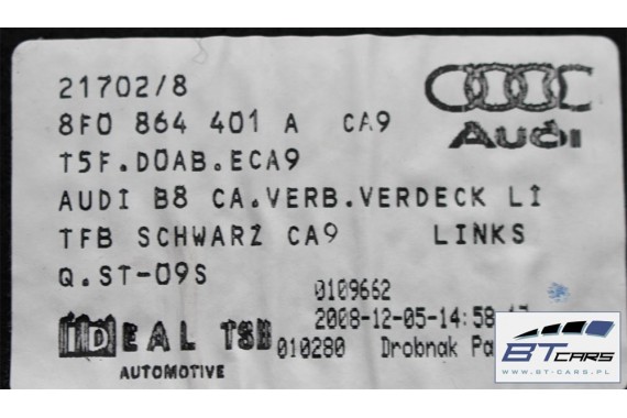 AUDI A5 CABRIO DYWAN + PAS +BOCZEK BAGAŻNIKA 8F0864373B 8F0864401A 8F0863463B 8T0863471 8F0863880A 8F boczki bagażnik tapicerka