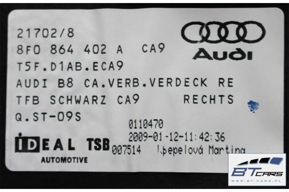 AUDI A5 CABRIO DYWAN + PAS +BOCZEK BAGAŻNIKA 8F0864373B 8F0864401A 8F0863463B 8T0863471 8F0863880A 8F boczki bagażnik tapicerka