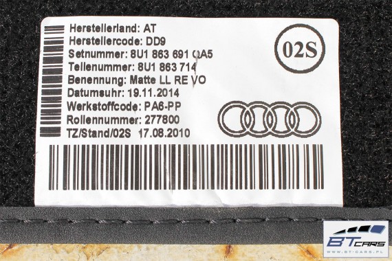 AUDI Q3 DYWANIKI WYCIERACZKI PODŁOGI 8U1863691 8U0864450 8U0863723 8U1863691 8U1863714 8U1863691C 8U1863713 8U1863714 8U1863691