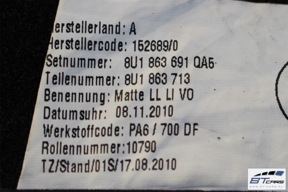AUDI Q3 DYWANIKI WYCIERACZKI PODŁOGI 8U1863691 8U0864450 8U0863723 8U1863691 8U1863714 8U1863691C 8U1863713 8U1863714 8U1863691