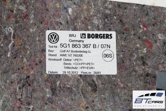 VW GOLF 7 VII DYWAN WYKŁADZINA PODŁOGI 5G1863367B wykładzina tapicerka 5G1863367 07N czarny 5G1863367B 5G1863367A 5G1863367