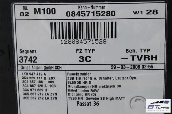 VW PASSAT B6 SEDAN BOCZEK DRZWI TAPICERKA BOCZKI 3C5867212 3C5 867 212 drzwiowy welur czarne DynAudio