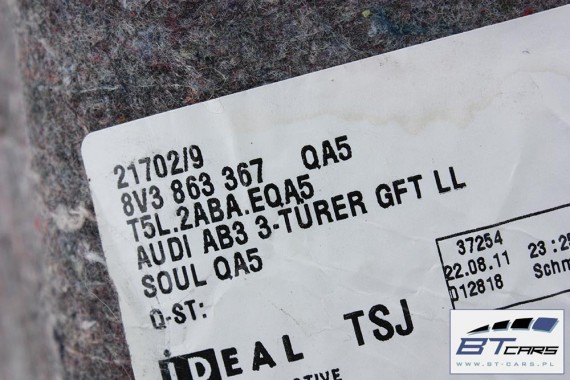 AUDI A3 DYWAN wykładzina PODŁOGI 8V3863367 8V3 863 367 kolor czarny 'QA5' 3-drzwi 8V3863367B 8V3863367C 8V3863367D 8V3863367E
