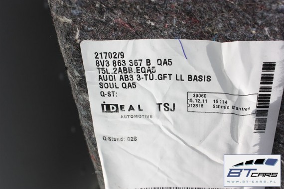 AUDI A3 DYWAN wykładzina PODŁOGI 8V3863367B 8V3 863 367 B kolor czarny 'QA5' 3-drzwi 8V3863367 8V3863367C 8V3863367D 8V3863367E